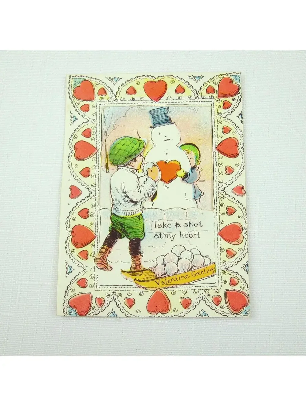 Vintage Valentine Diecut Fold 3D Boy & Girl Snowballs Snowman 1920s-30s UNSIGNED